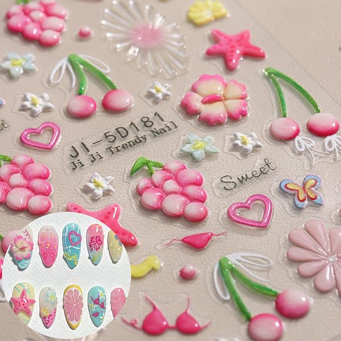 1pcs Summer Nail Stickers for Nail Art Embossed Nail Decals 5D Flowers Dolphins Starfish Shell Jellyfish Mermaid Tail Design Butterfly Lemon Nail Stickers Ocean Beach Acrylic Nail for Women