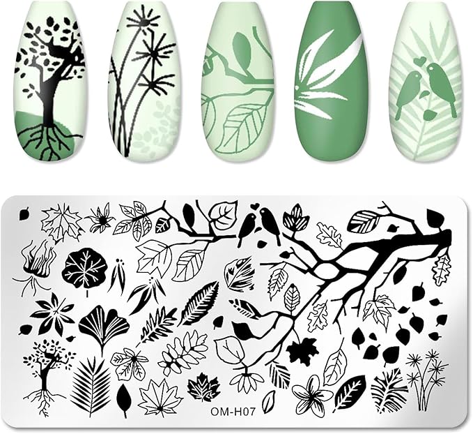 6pcs Nail Art Stamping Plates Set Manicuring Accessories Coconut Tree Leaves Flowers Birds Cactus Island Geometry Image Template for DIY Tips Decoration