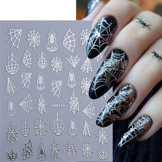 5 Sheets Halloween Nail Stickers for Nail Art 3D Self-Adhesive Spider Web Nail Art Stickers White Black Silver Laser Gold Spider Nail Decals Goth Nail Art Supplies for Women Acrylic Manicure Salon