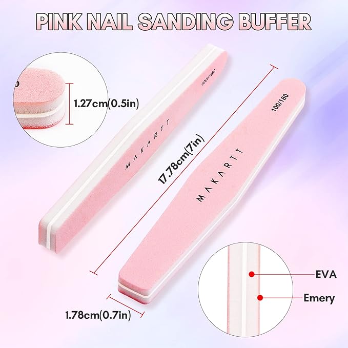 Makartt Nail Buffer Block, 100/180 Grit Sponge Nail Files, 10pcs Double Sides Pink Nails Sanding Filer for Acrylic Gel, Professional Manicure Art Buffering Kit for DIY Salon Use