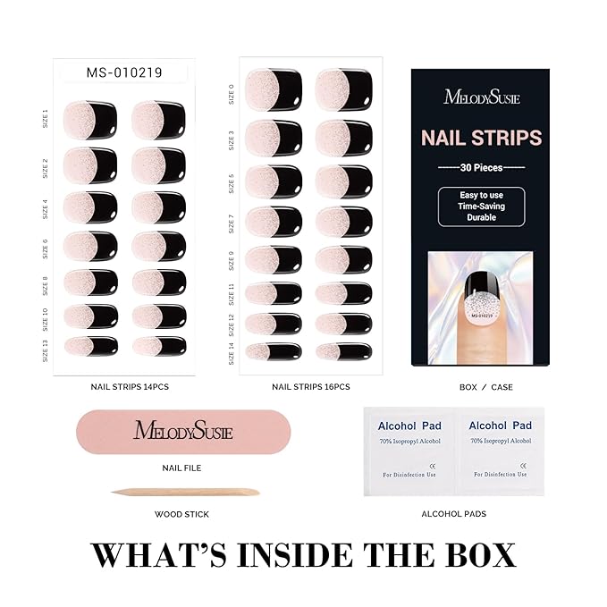 MelodySusie 30PCS Semi Cured Gel Nail Strips (Bling Black French Tips), Works with Nail lamp, Salon Quality, Long Lasting, Easy to Apply and Remove, Includes 2 Prep Pads, Nail File and Wooden Stick