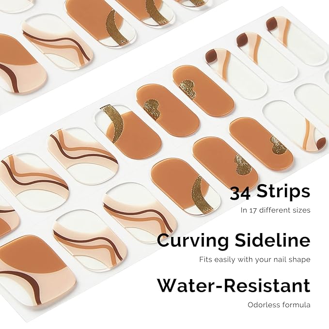 Nailog Semi Cured Gel Nail Strips 34 pcs| Long Lasting Nail Polish Sticker Wraps with Glossy Gel Finish, Maze
