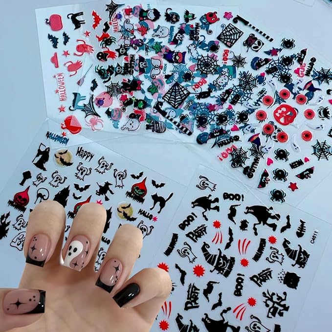24Pcs/Set Small Halloween Nail Art Sticker, 3D Self-Adhesive Scary Ghost Skull Clown Witch Cat Pumpkin Spider Web Nail Stickers with Design Cute Halloween Nail Decals for Women