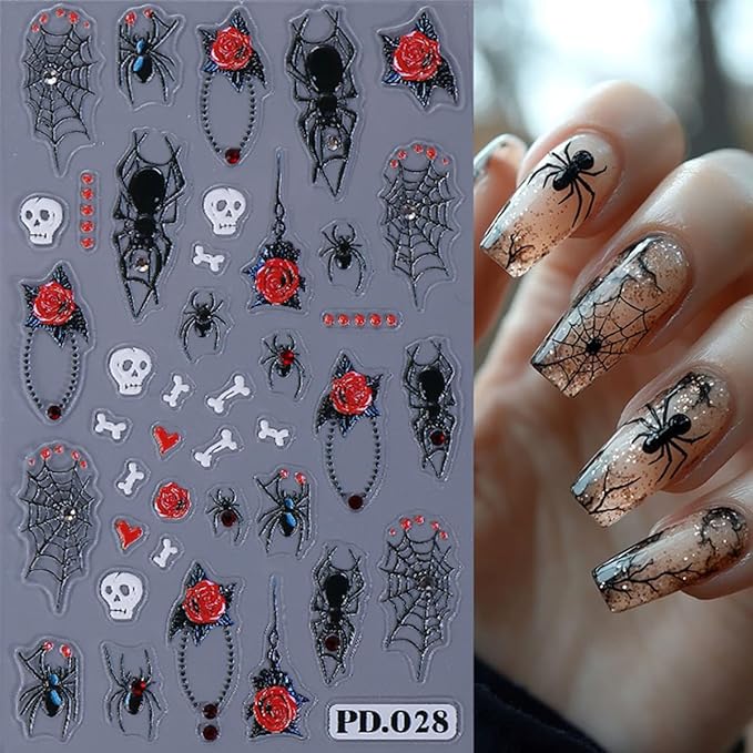 3D Horror Halloween Nail Art Stickers Decals Scary Skeleton Crow Spider Skull Nail Stickers with Spider Web Design Self-Adhesive Red Blue Rose Nail Decals for Women DIY Manicure 4 Sheets