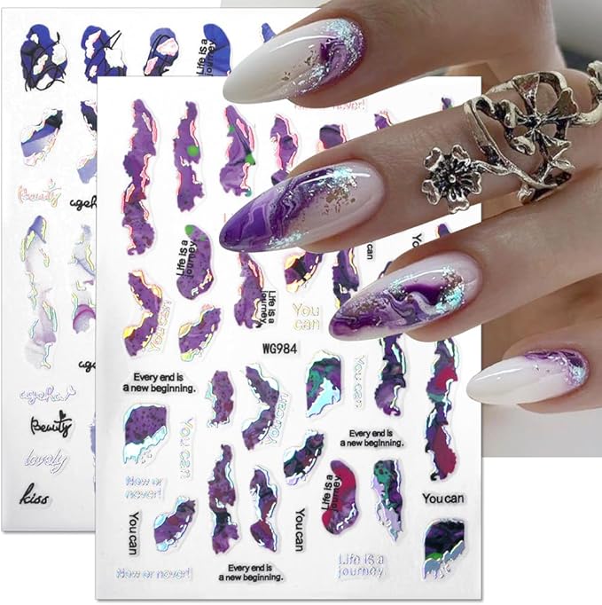 6 Color Marble Nail Art Stickers - Women's 3D Bronzing Silver & Watercolor Blooming Decals - Self Adhesive Foil Nail Designs