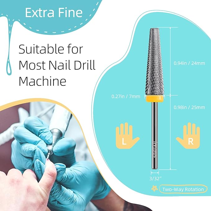 24mm Super Long 5 in 1 Nail Drill Bits, Cross Tapered Carbide Bit, 3/32" Two-way Rotate for Both Hand, Remove Acrylic Nails/Gel, Electric File Tool Drills Manicure Accessories (XF)