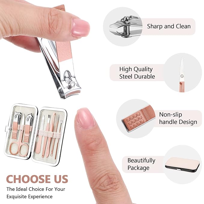 Geosar 12 Sets Manicure Set Nail Clippers Pedicure Kit 8 in 1 Grooming Stainless Steel Kits Nail Care Tools with Travel Case Xmas Gifts Christmas Stocking Stuffers for Men Women(Rose Gold)