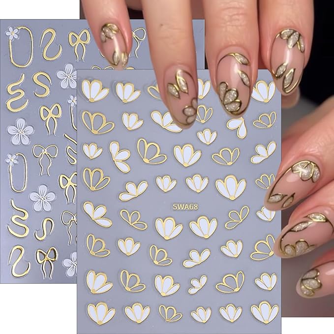 6Pcs Flower Nail Stickers for Nail Art Elegant Floral Nail Decals 3D Self-Adhesive Colorful Blossom Flower Nail Art Stickers Gold Bow Nail Supplies Spring Nail Decoration Accessories for Women Girls