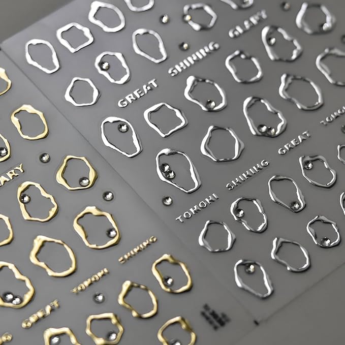 Gold Silver Nail Stickers 5D Self-Adhesive Nail Sticker for Nail Art with Rhinestones Design Gold Irregular Geometric Manicure DIY Accessories for Women and Girls 2 Sheets
