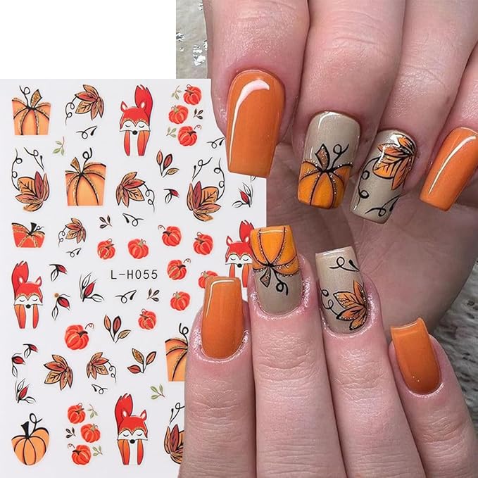 Fall Nail Stickers Maple Leaves Nail Decals Self Adhesive Nail Art Stickers Orange Fallen Leaves Pumpkin Bronzing Design Glitter Thanksgiving Nails Sticker for Nails Art for Women Decor Manicure