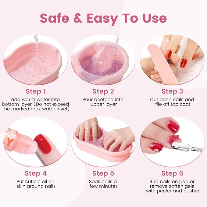 Dual Nail Soaking Bowl Acetone Proof: Soak Off Gel Nail Polish Dip Powder Remover Bowl- Cut the Soaking Time in Half Manicure Bowl for Salon Home (D2-Pink)