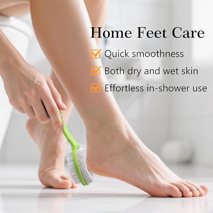 Foot Callus Remover, Double-Sided Pumice Stone Brush for Feet, Multi Purpose Pedicure Tools for Home Feet Care, Foot File Scrubber with Handle for Dead Skin Remover in Shower, Green