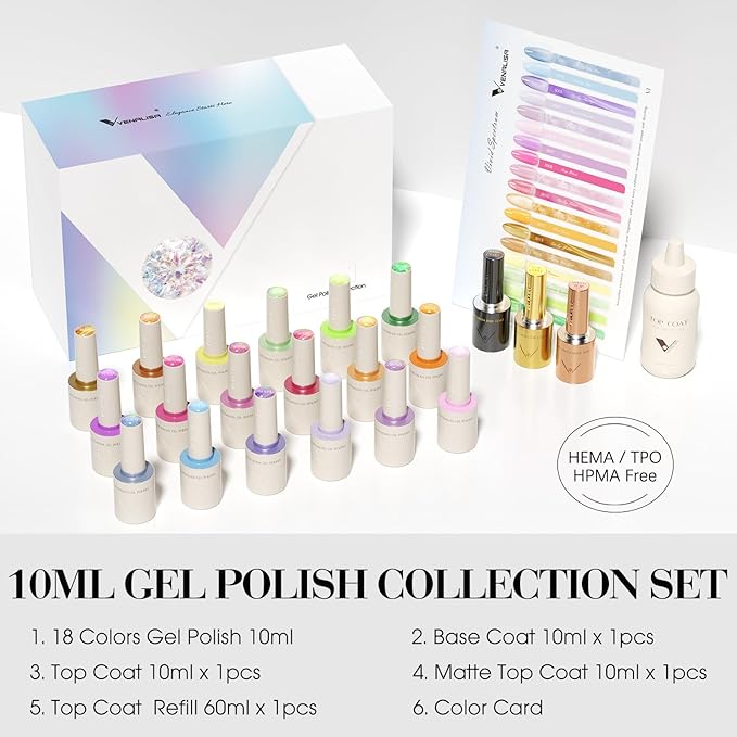 VENALISA V1 Gel Nail Polish Kit of 22 Pcs With Color Display Card Blue Pink Yellow Green Colors Glitter Cat Eye Gel Polish Set Soak Off Salon Nail Art DIY at Home Manicure