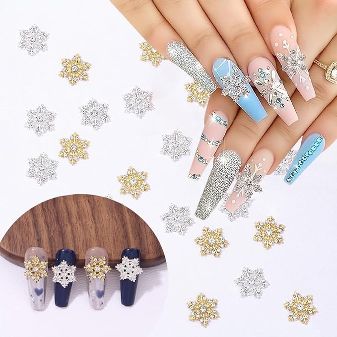 20Pcs Christmas Snowflake Nail Charms and Gems Gold Silver Alloy Snowflake Xmas Nail Art Charms Rhinestone Jewelry for Women DIY Winter Christmas Holiday Party Nail Decoration Supply