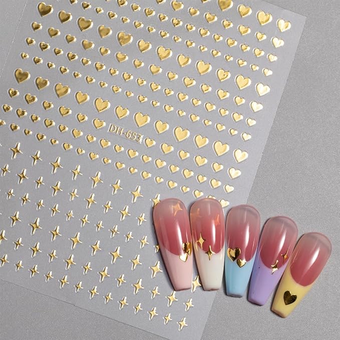 6Sheets Heart Nail Art Stickers, Hearts Stars Nail Decals for Women Valentines Nail Art Supplies 3D Black White Gold Silver Blue Red Heart Stickers for Nails Design Sticker DIY Manicure Decoration