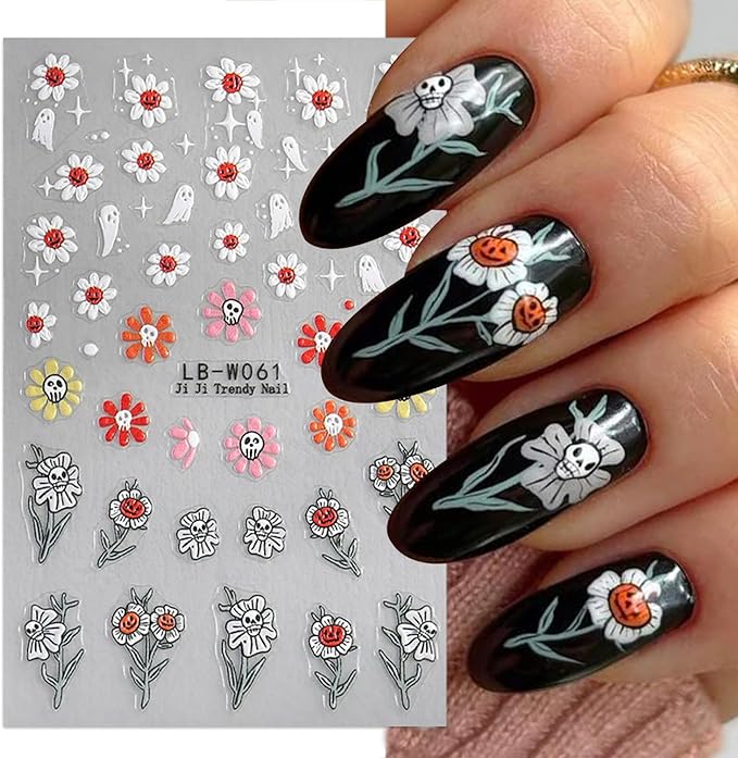 4 Sheets Halloween Nail Art Stickers 3D Self-Adhesive Goth Nail Stickers Flower Skull Ghost Designs Skeleton Nail Decals Nail Art Supplies for Women Acrylic DIY Halloween Holiday Nail Decoration DIY