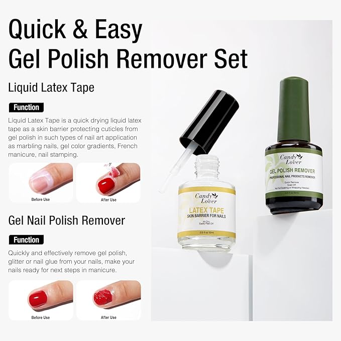 Candy Lover Gel Nail Polish Remover Kit, Latex Tape Peel Off Liquid and Gel Polish Remover with Cuticle Pusher & Nail File, Remover for Nails in 3-5 Minutes, No Need Soaking or Wrapping