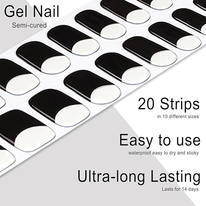 Semi Cured Gel Nail Strips, 20pcs Nail Polish Stickers, French Black Gel Nail Stickers - Work with Any UV Lamp, Long Lasting Full Wraps with Nails File and Stick