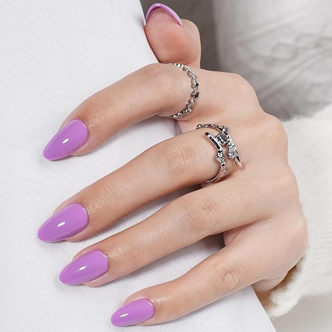 Press on Nails, Short Purple Press on Nails Almond Reusable Glossy Purple Nails Soft Gel False Nails Press ons for Women, 16 Sizes 32 Count Nails Kit with Glue (SV-13)