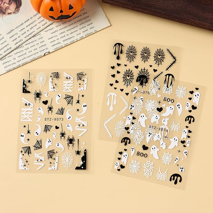 6 Sheets Halloween Nail Art Stickers 3D Self Adhesive Cute Nail Stickers Halloween Nail Art Decals Ghost Spider Web Butterfly Heart Nails Design Manicure Decorations for Women DIY Nail Supplies