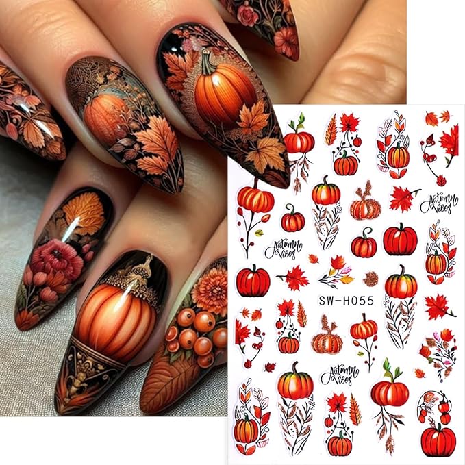 6 Sheets Pumpkin Nail Art Stickers Autumn Maple Leaf Nail Decals Maple Leaves Pumpkin Design Thanksgiving Day Nail Sticker Fall Stickers DIY Manicure Decoration Supplies for Women