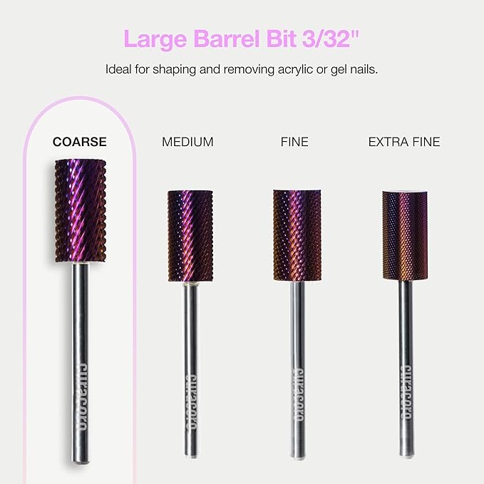 Curacoro Nail Drill Bits 3/32'' - Safe Smooth Stop Large Barrel Carbide Bit (Coarse), Fast Remove Acrylic or Gel Nails, Long-lasting Bits for Nail Beds, Nail Art Salon & Home