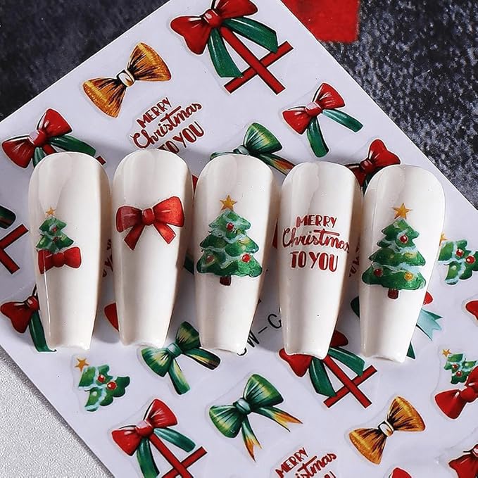 6Pcs Christmas Nail Stickers Red Green Bow Nail Decals DIY Self Adhesive Christmas Tree Poinsettia Group Snowman Cute Design Nail Decoration Supplies Holiday Manicure Accessories for Women Girls