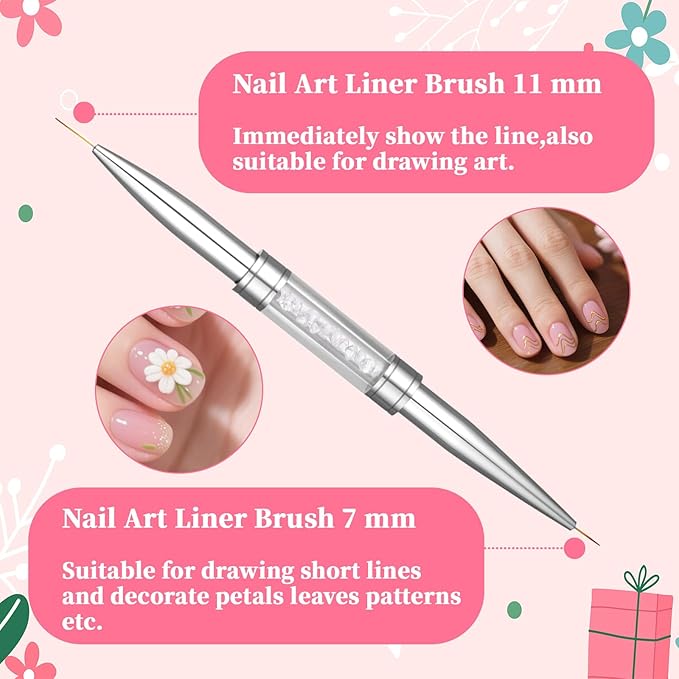 3Pcs Hard Gel Nail Brushes, Dual-Ended French Tip Nail Gels Liner Brush Rhinestone Handle Nails Brush, Builder Gel Liner Brushes for Professional Nails Art French Manicure Design