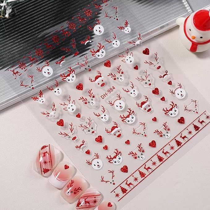 Christmas Nail Art Stickers Deer Antler Christmas Nail Decals 3D Self-Adhesive Nail Art Supplies 6PCS Red Bell Xmas Trees Santa Claus Elk Xmas Design Nails Adhesive Stickers for Women Nail Decorations