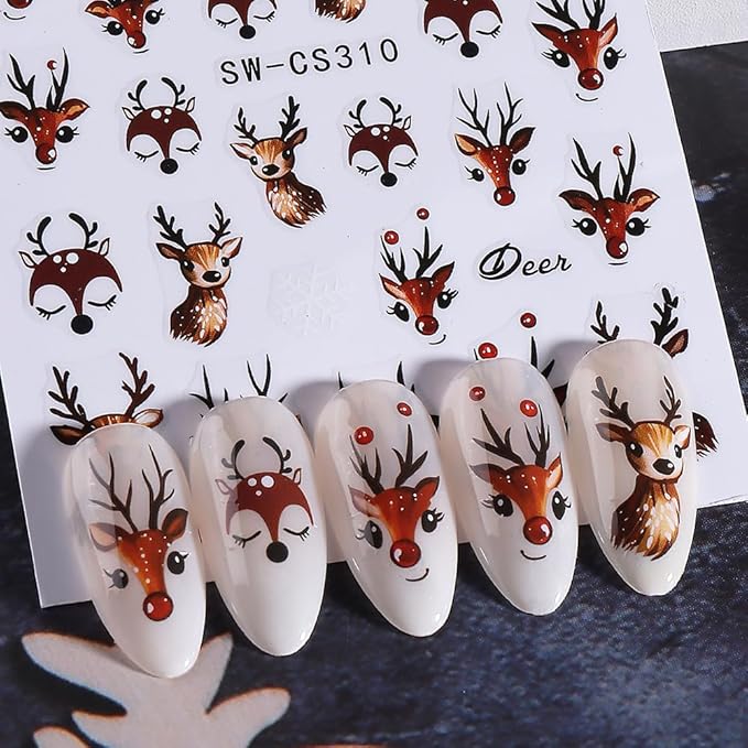Christmas Nail Art Stickers 3D Self-Adhesive Cute Elk Gift Xmas Nail Decals Nail Art Supplies 6PCS Deer Candy Cane Gingerbread Man Cartoon Christmas Nails Design Manicure Slider Accessories for Women