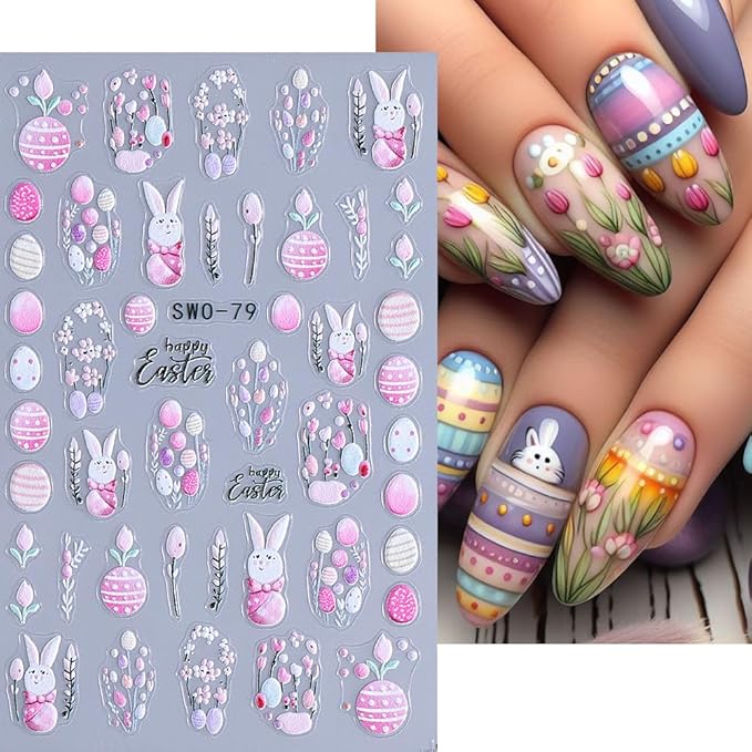 2 Sheets Easter Nail Art Stickers Cute Bunny Nail Decals 5D Relief Rabbits Flowers Eggs Self-Adhesive Nail Design Stickers Acrylic Nail Accessories Supplies for Women Girls Manicure
