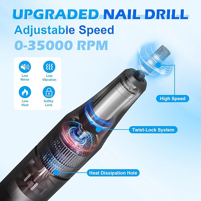 35000RPM Nail Filer Electric Nail Drill, Professional Cordless Machine, Portable Rechargeable Nail Drill, Drill Nails Tool for Manicure Pedicure Salon and Home Use (Black)
