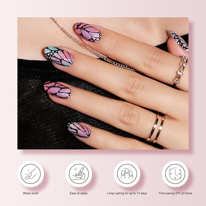 Semi Cured Gel Nail Strips - 30PCS Gel Nail Stickers for UV Light, Long-Lasting Gel Nail Wraps, Salon-Quality Semi Cured Nail Stickers, 2 Weeks Wear, Easy DIY Gel Manicure-Butterfly Dreams