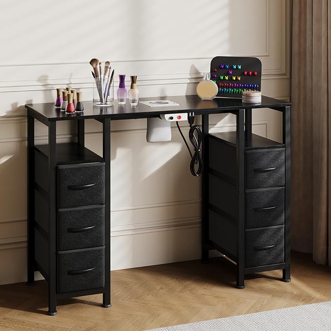 Manicure Table Nail Desk for Nail Tech, Nail Beauty Table w/Electric Dust Collector & 6 Storage Drawers & Open Shelves for Home, Workshop, Makeup Beauty Salon Workstation
