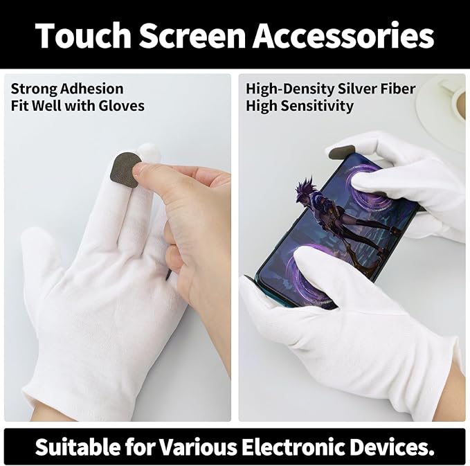 Small Touch Screen Gloves, 10 Pairs White Cotton Gloves for Art Handling, Coin Handling, Jewelry, Photography, Dry Hands Sleeping, with Pack of 40 Touchscreen Stickers