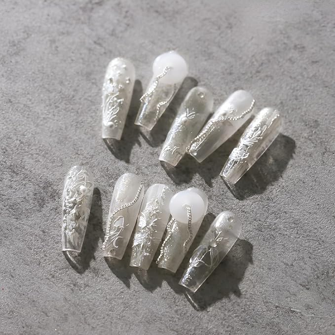 5D Embossed White Butterfly Flower Nail Stickers for Nail Art White Moon Star Nail Art Stickers White Nail Decals with Pearl Design Spring Summer Nail Supplies for Women Girls
