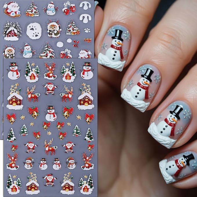 Christmas Nail Stickers 5D Embossed Snowman Elk Nail Art Stickers Xmas Holiday Nail Decals Self-Adhesive Deer Snow Santa Claus Design Sticker Nail Decoration for Women Manicure Accessories 2Pcs