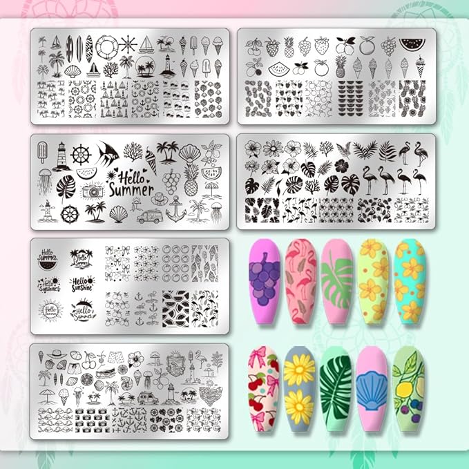 PH PandaHall Summer Nail Stamping Plate Kit, 6pcs Ocean Beach Templates Nail Art Stencils Stainless Steel Image Plates with Silicone Nail Stamper Scraper Tool for Women Manicures Salon Design