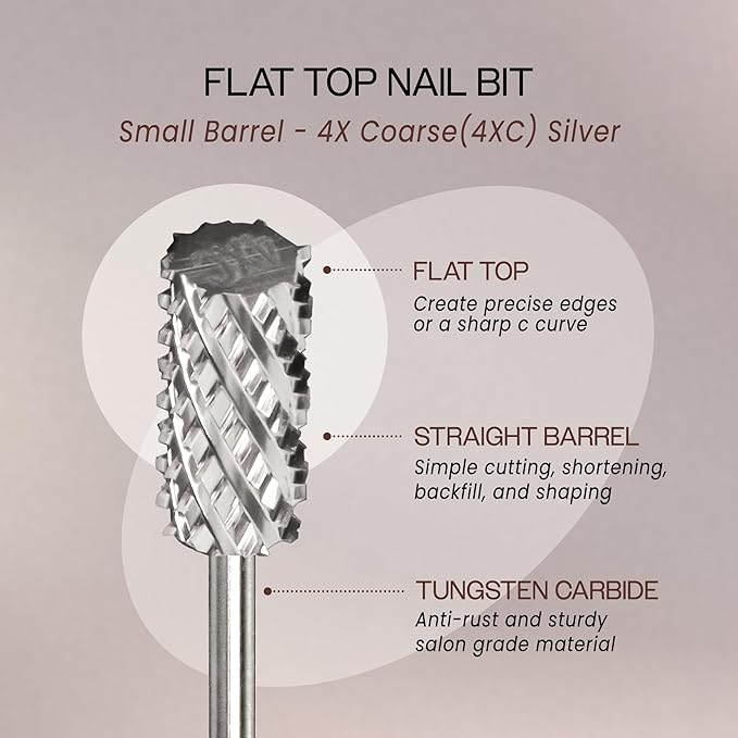 PANA Flat Top Small Barrel 3/32" Shank Size - (Silver, 4X Coarse Grit) - Fast remove Acrylic or Hard Gel Nail Drill Bit for Manicure Pedicure Salon Professional or Beginner