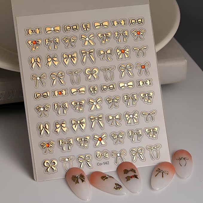 Gold Nail Stickers Gold Bow Nail Stickers for Nail Art 5D Self-Adhesive Nail Decals with Rhinestones Design Bow Nails Art Supplies Decoration Accessories for Women and Girls