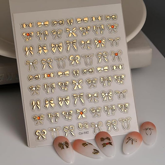 Gold Nail Stickers Gold Bow Nail Stickers for Nail Art 5D Self-Adhesive Nail Decals with Rhinestones Design Bow Nails Art Supplies Decoration Accessories for Women and Girls