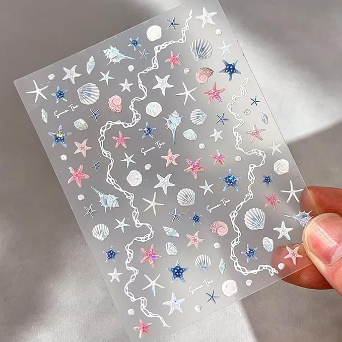 2 Sheet Summer Ocean Theme Nail Art Stickers Extra Shiny Shell Light 5D Shell Starfish for Nails Stickers Decals Gold Silver Star Jellyfish Self-Adhesive Design Nail Supplies for Women Manicure Decor
