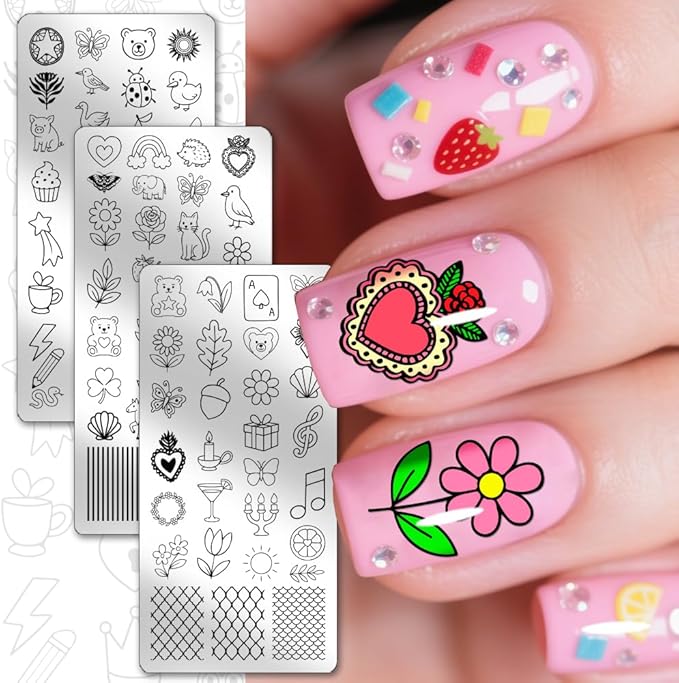 PH PandaHall 3pcs Cute Animals Nail Stamping Plates Flower Fruit Nails Art Templates Dessert Cake Nails Image Plates Cartoon Pattern Manicures Art Stencils for Women Manicures Salon Design Printing