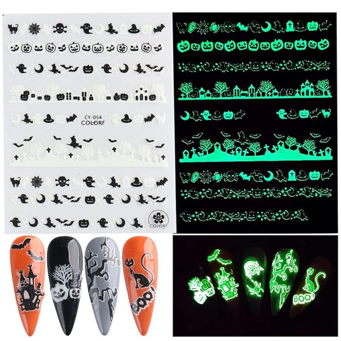 Luminous Nail Stickers - 3D Halloween Nail Art Designs - Skull, Ghost, Pumpkin, Spider, Bat Decals - Self-Adhesive, 6 Sheets
