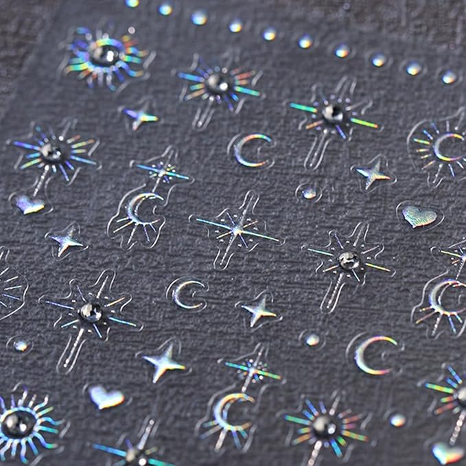 5D Embossed Star Moon Nail Art Stickers Decals Self Adhesive Nail Decals Aurora Star Moon Nail Stickers with Rhinestone Designs Manicure Sliders for Women DIY Nail Art Decorations