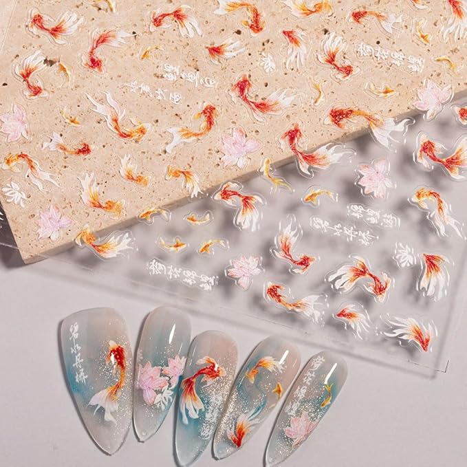 3 Sheets Goldfish Nail Art Stickers, 5D Embossed Cute Fish Nail Decals Self-Adhesive Chinese Style Nail Art Accessories for Women DIY Nail Decorations