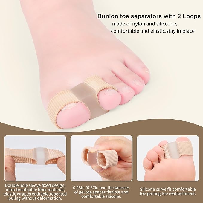 FOYOLO 2PCS Gel Toe Separators Bunion Corrector with 2 Loops be Made of Elastic Fabric Material Toe Corrector for Big Toe,Toe Spacers Suitable for Hallux valgus,Foot Pain,Corns (S)
