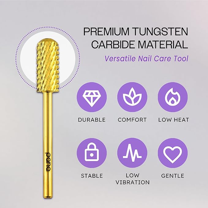 PANA 3/32" Small Smooth Round Top Safety Carbide Nail Drill Bit for Gel Polish & Acrylic Removal Nail Salon Manicure Pedicure Electric File Tools (Small Barrel - Gold, Extra Coarse)
