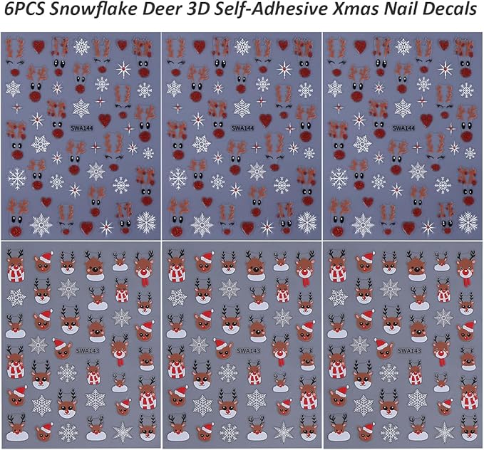 Christmas Nail Art Stickers Decals Deer Snowflake Design 3D Self-Adhesive Xmas Nail Decals Nail Art Supplies Cute Cartoon Glitter Nose Deer Snowflakes Holiday Stickers for Nails Manicure Decorations