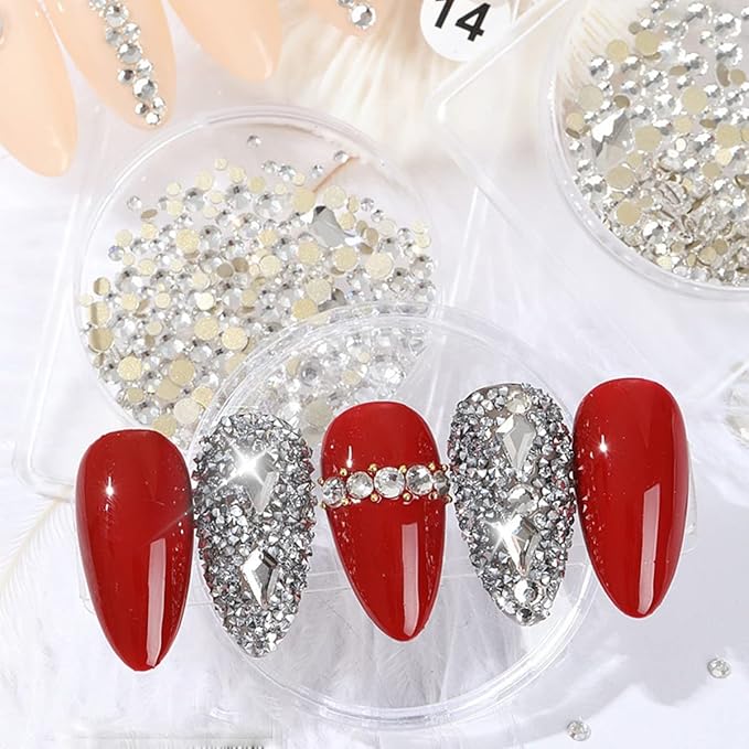 2052 Crystal White Nail Art Rhinestones Silver Clear Nail Charms 72 Multi Shapes Flatback Stones Big Gems +1980 Round Beads K9 Glass Diamonds Crystals Jewels for Nails Face Eyes Makeup Crafts
